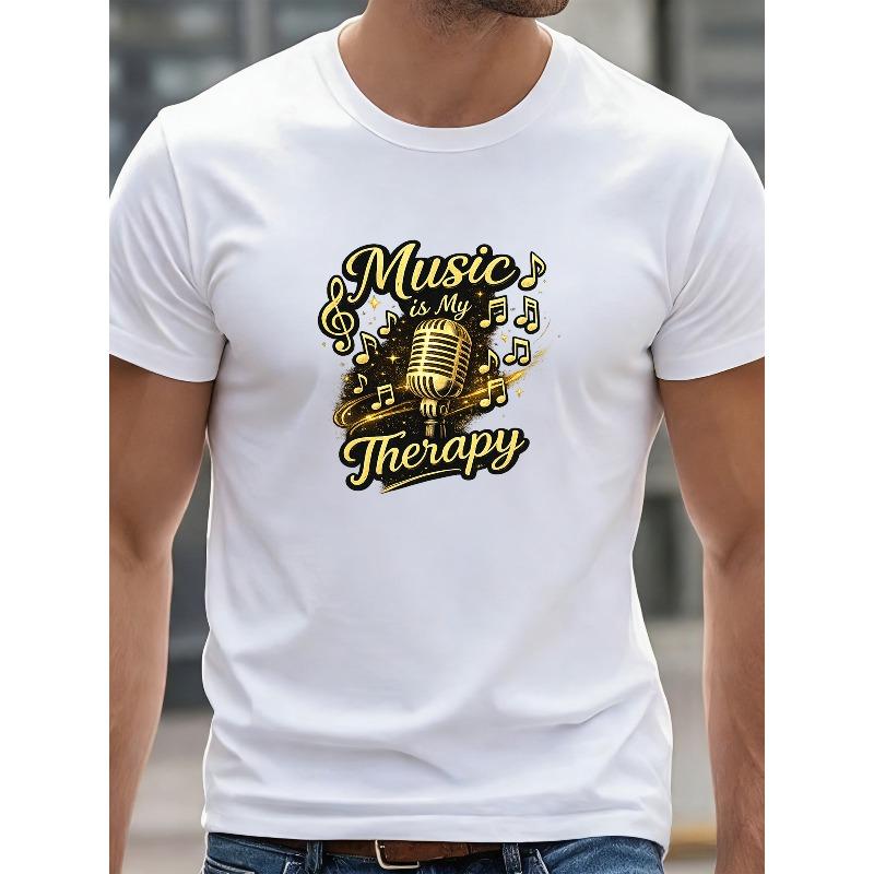European Sizes Golden Retro Microphone with Music Symbol Prints | Casual Short-Sleeved T-Shirt,