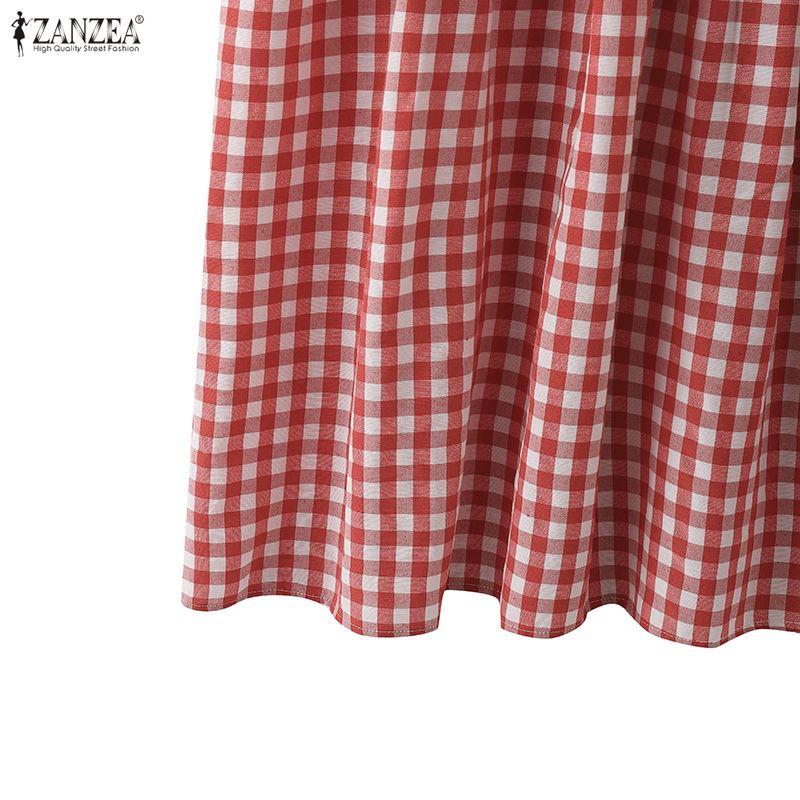 ZANZEA Women Casual Round Neck Loose Short Sleeve Plaid Print Dress