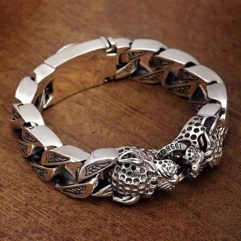 Vintage Thai Silver Double Leopard Men's Bracelet Personality Domineering Handwoven Leopard Old Hip Hop Trend Bracelet