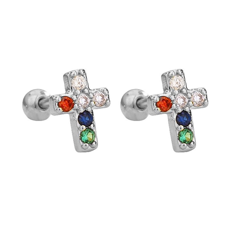 Punk Style Zircon Cross & Moon Stud Earrings with Round Diamond and Screw-Back Design