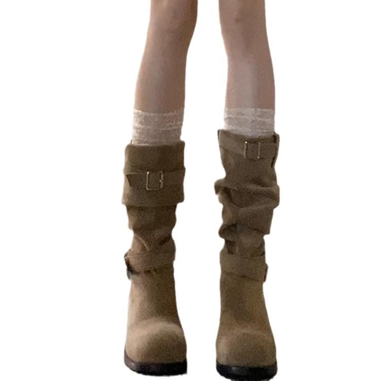 Pleated Pile Boots Women's Thick Heel Thin Platform Boots 2025 Western Boots Tall Knight Boots Increase Height and Thinness