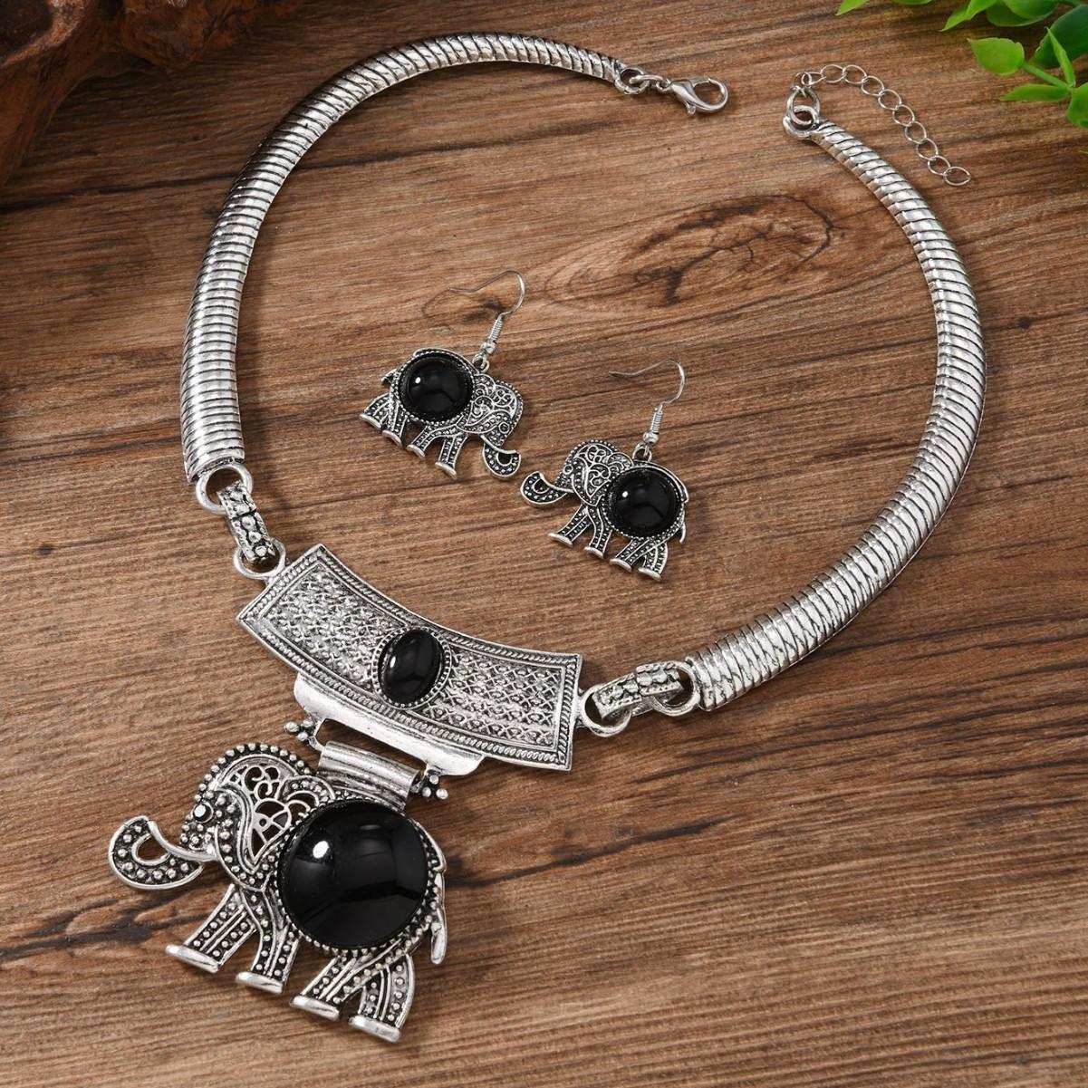 

Women Ethnic Elephant Vintage Chain Necklace Earrings Bridal Party Wedding Jewelry Accessories