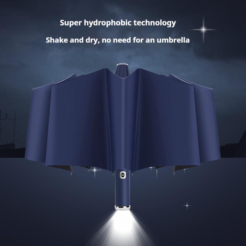 10 Bone Fully Automatic Three Fold Umbrella, Rotatable Led Flashlight, Business Wind Resistant Folding Umbrella, Sunny Umbrella