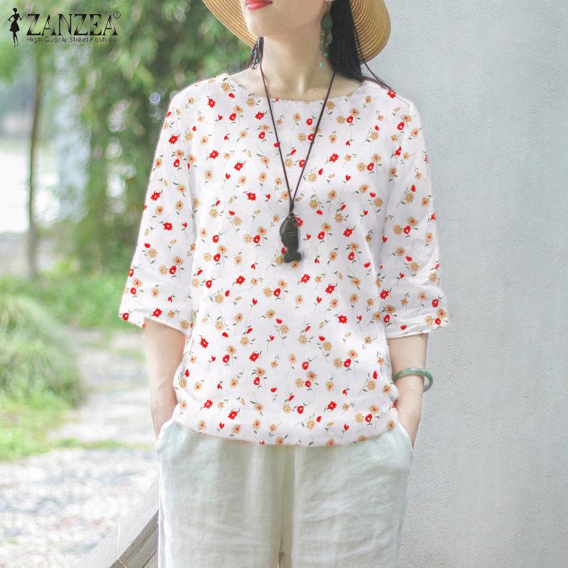 

ZANZEA Женские осенние блузки с круглым вырезом и рукавом 3/4 с цветочным принтом S белый