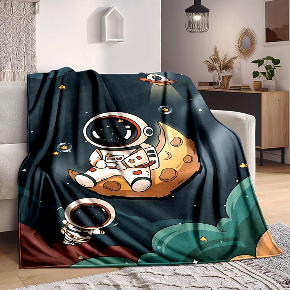1pc Astronaut Moon Lightweight Flannel Blanket, Comfortable and Warm Blanket, for Office and Camping Sofa Bed, Livingroom047