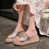 Bohemian vacation style straw-woven thick-bottomed muffin bottom lazy half-drag fashion outerwear slope heel open-toed cool slippers women