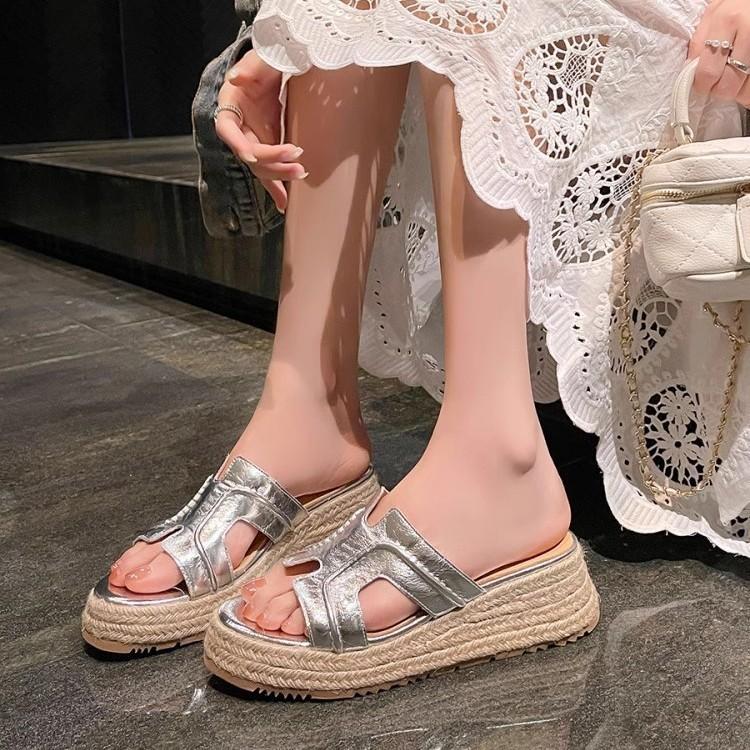Bohemian vacation style straw-woven thick-bottomed muffin bottom lazy half-drag fashion outerwear slope heel open-toed cool slippers women
