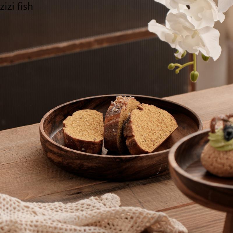 Holz Obstteller Salatteller Snack Nussplatte Hoher Fuß Dessert-Display-Ständer Kuchenteller Haushalt Akazienholz Geschirr