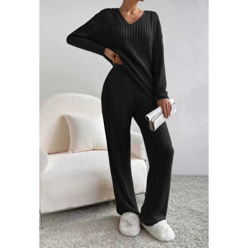 European & American Autumn/Winter Two-Piece Set: V-Neck Ribbed Knit & Casual Straight-Leg Pants