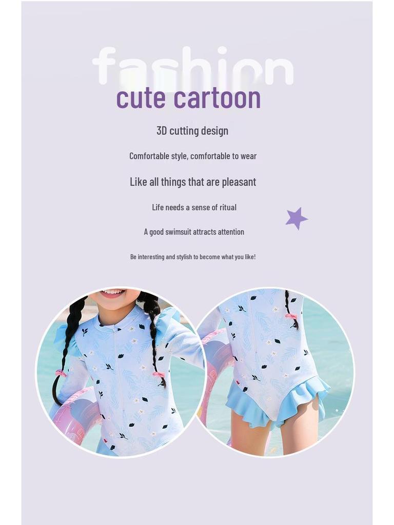 Girls' Long Sleeve Sun Protection Quick-Dry One-Piece Swimsuit