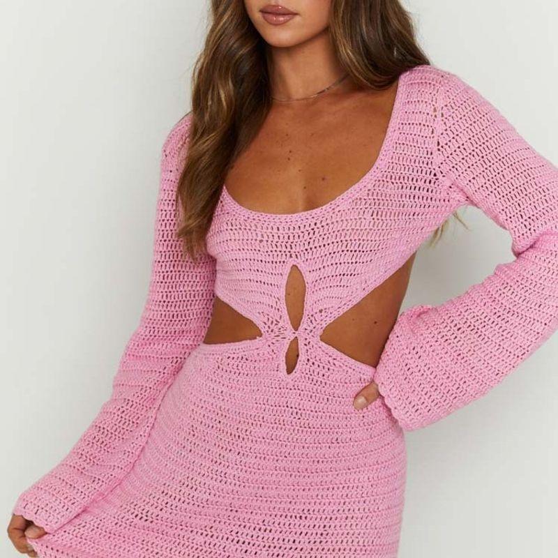 

Elegant European and American Women s Clothing Beautiful Autumn New Arrival Export Cut Out Knitwear Low-Cut Sexy Backless Dress Pink L