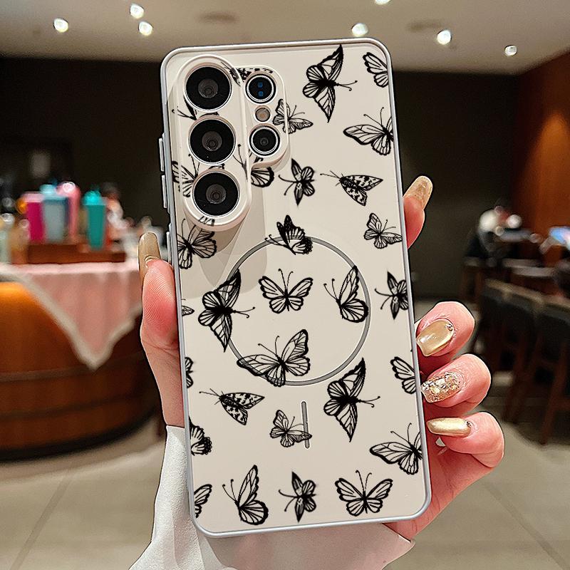Line Rose Butterfly Floral Pattern Case For Samsung Galaxy S26 Ultra S25 Edge S24 Plus S23 FE S22 A17 A54 A55 A56 A57 5G Magnetic For Magsafe Cover