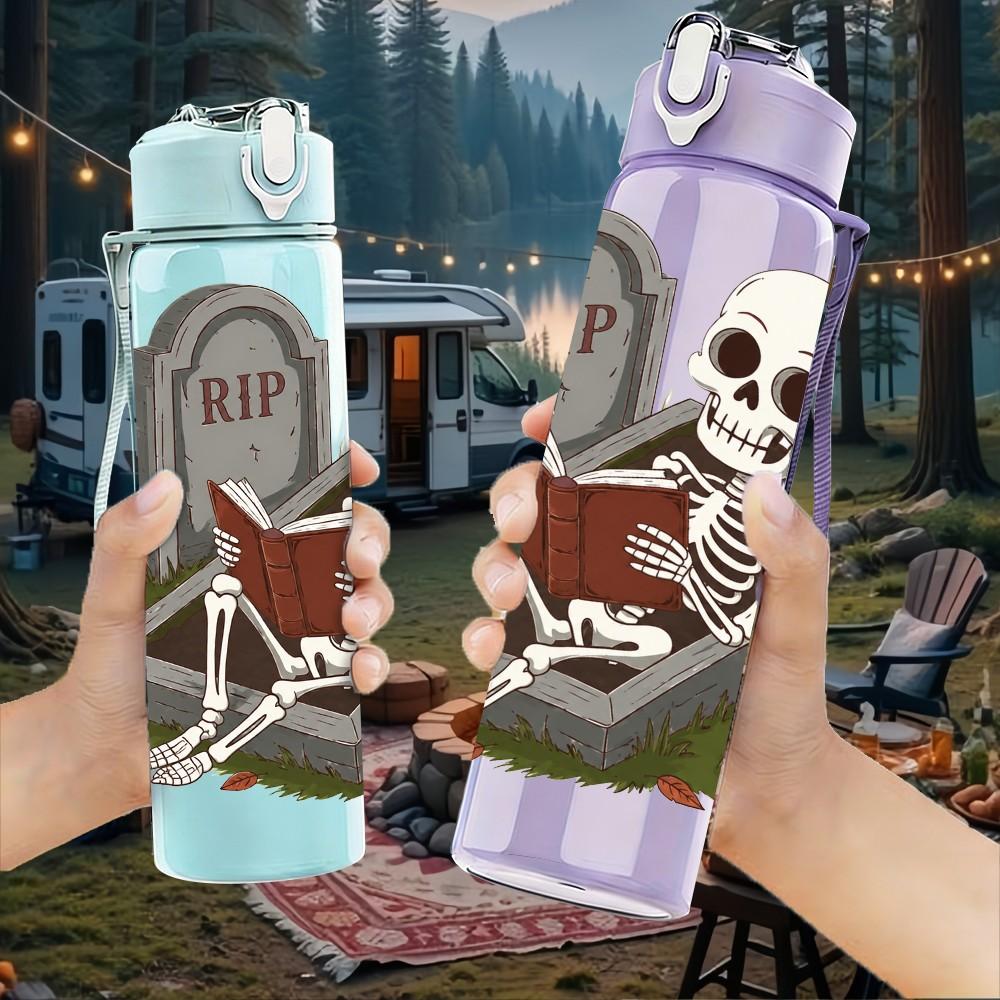 1PC Skeleton Tombstone Halloween Pattern 750ml Color Plastic Sports Water Bottle Leakproof Flip Straw Lid Suitable for Sports Office Home Use