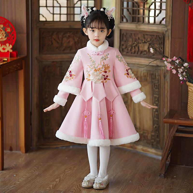 Girls' Velvet-Lined Winter Hanfu Dress - Chinese New Year Festive Outfit