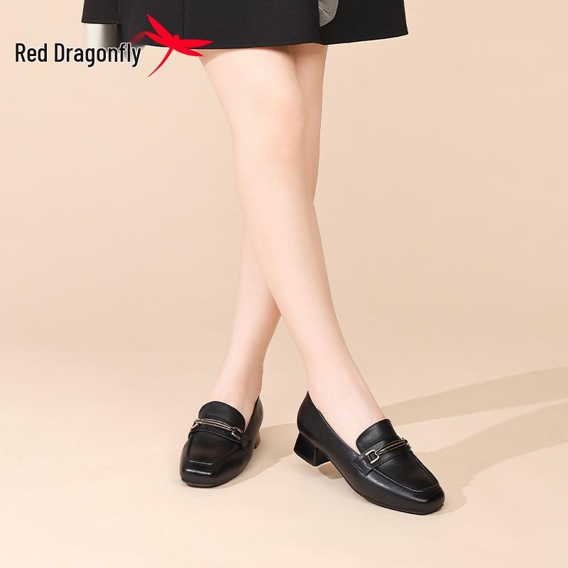 Red Dragonfly Women's Genuine Leather Slip-on Shoes, 2025 Autumn Style, Thick Sole, Square Toe, Chunky Heel.