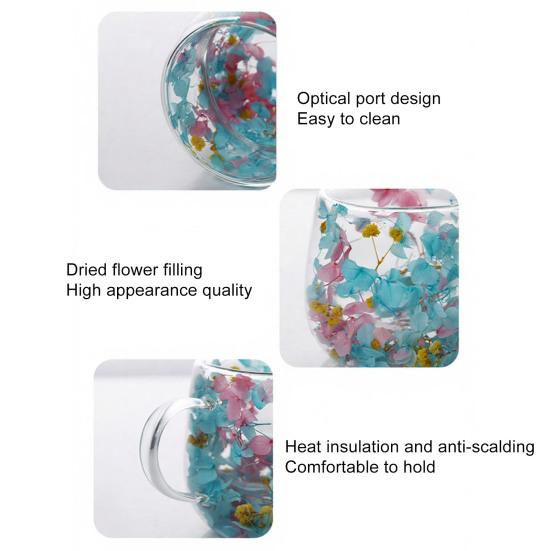 Double-Wall Glass Mug with Dried Flower Design 250ml Heat-Resistant Borosilicate Glass Cup for Milk Coffee Breakfast Insulated Glassware for Home