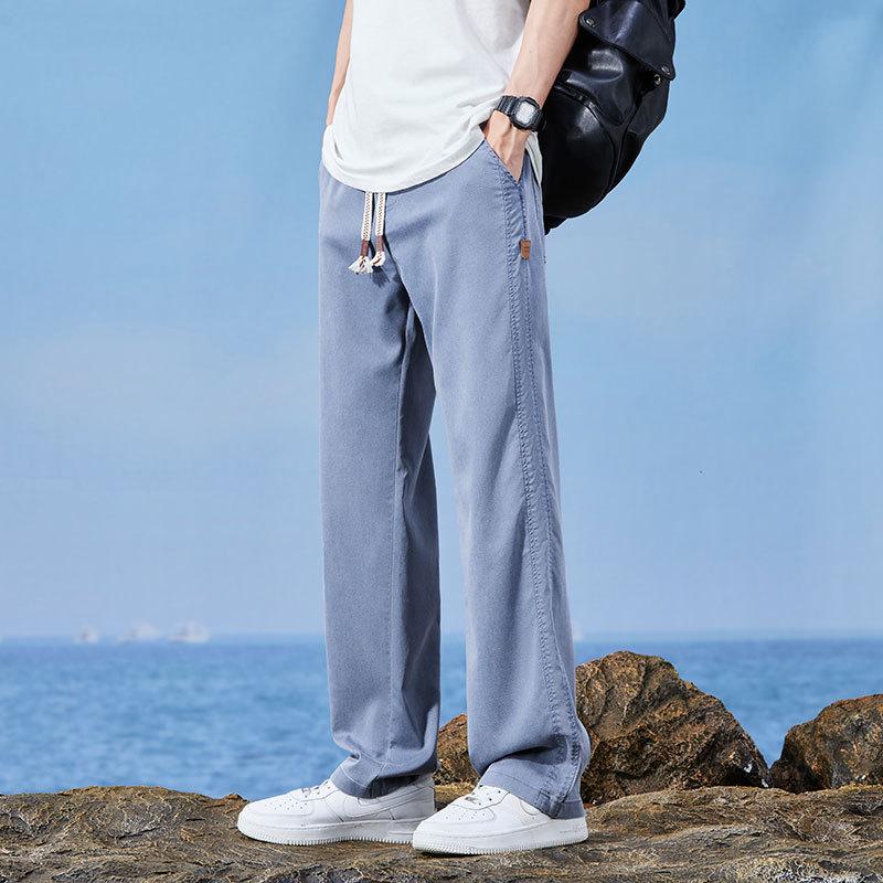 Men's Summer Tencel Jeans: Lightweight, Loose-Fit Straight-Leg Drawstring Sports Shorts, Trendy Workwear Casual Nine-Point Pants