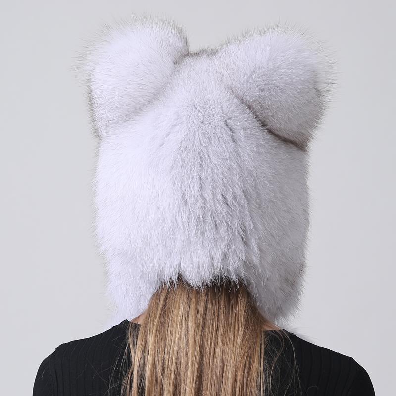 New Women Bomber Ears Hats Pompom Trapper Natural Fox Fur Knitted Earflap Russian Caps Outdoor Snow Hat
