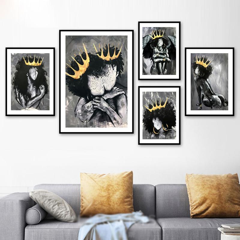 Afrika Engel Königin Schwarz Mädchen Junge Nordic Poster Und Drucke Wand Kunst Leinwand Malerei Wand Bilder Für Wohnzimmer Club decor