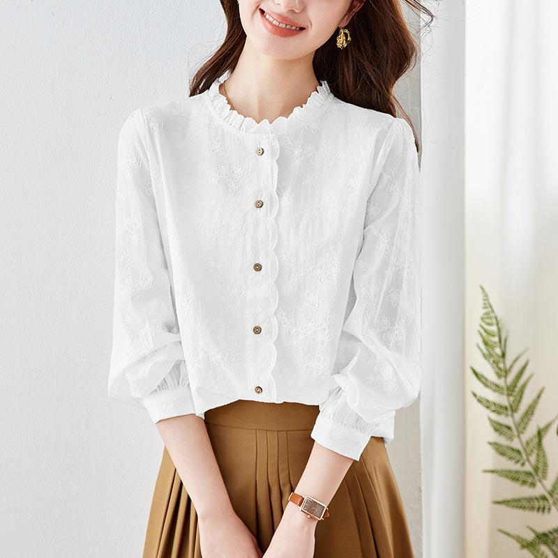 Абрикосовая вышитая блузка женская с длинным рукавом весенняя с воротником-грибком из чистого хлопка женская блузка M