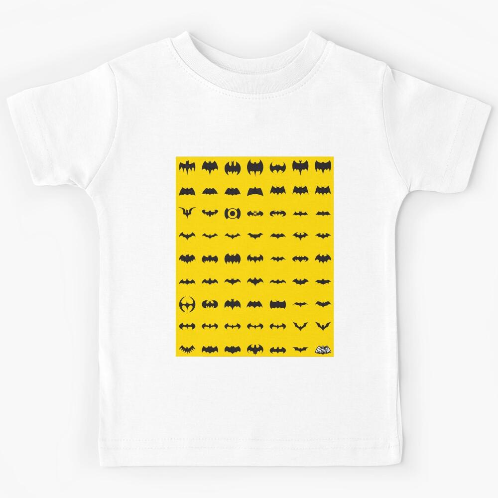 Minimal Bat Style Icons Pattern | Dark Hero Symbol Set | Bold Yellow Graphic Design Kids T-Shirt 150