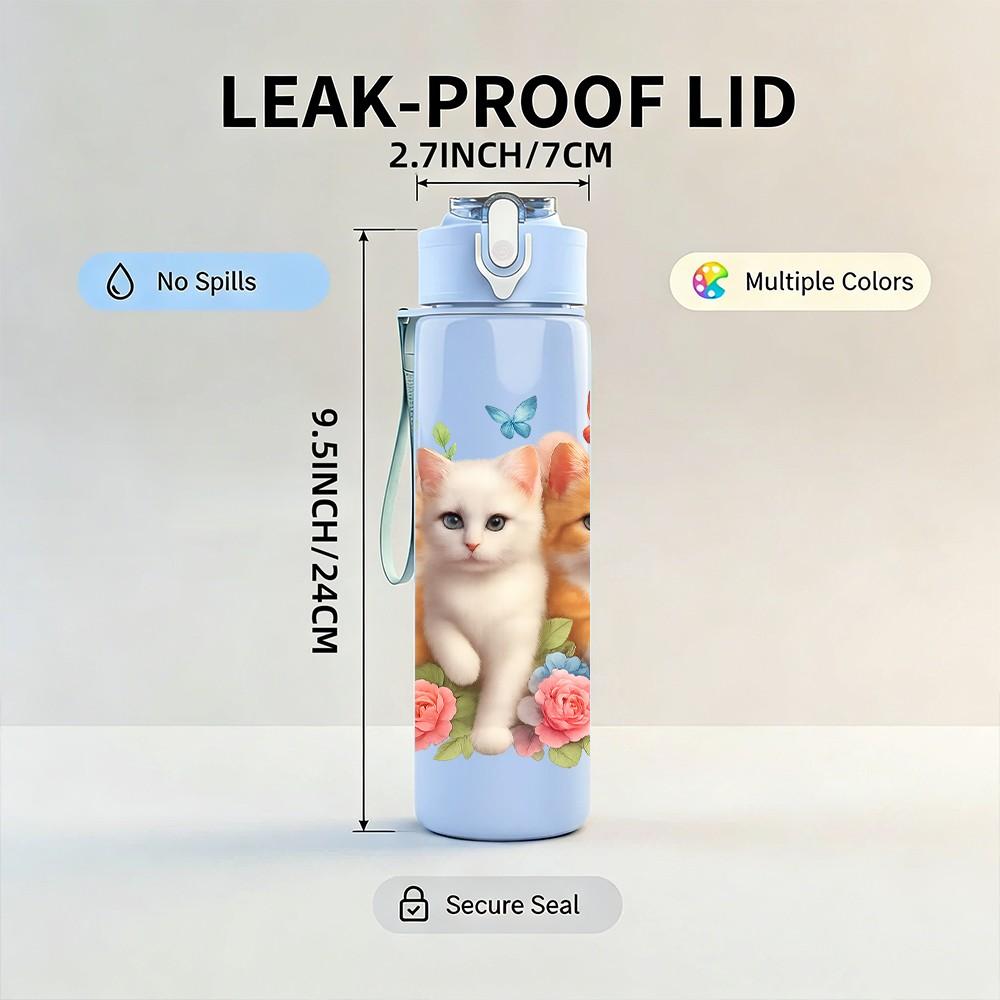 1PC Three Cats Floral Portrait 750ml Color Plastic Sports Water Bottle Leakproof Flip Straw Lid Suitable for Sports Office Home Use