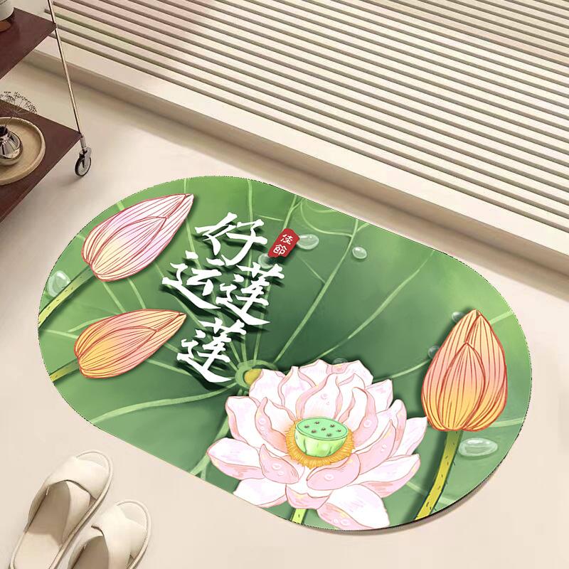 New Chinese Oval Lotus Bathroom Floor Mat Toilet Diatom Mud Floor Mat Anti-slip Absorbent Kitchen Foot Mat