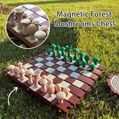 1 Set Magnetic Forest Mushrooms Chess Game with Roll-up Log Chessboard Kids Adults Portable Travel Educational Checker Board Game Toy