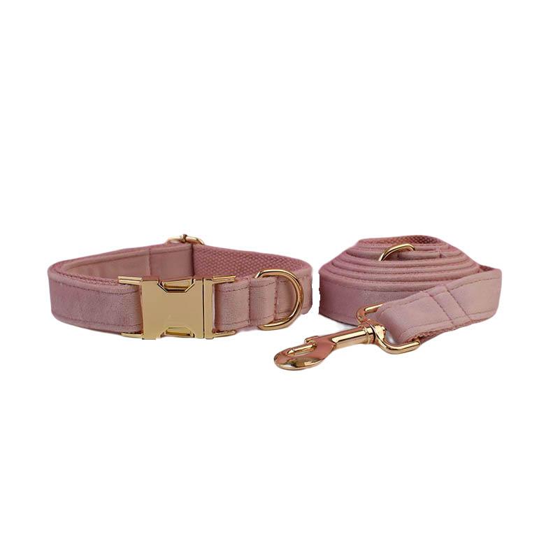Pale Pink Velvet Dog Collar And Leash Set For Dogs Custom Engraved Nameplate Pet Supplies Dog Leash Velvet36