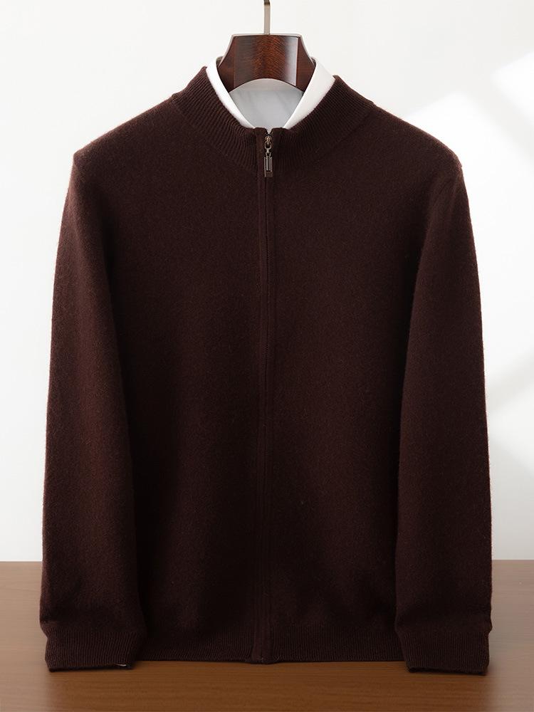 Men's Cashmere Zipper Knit Cardigan - Half-High Collar, Solid Color, Long Sleeve, Versatile Autumn/Winter Sweater.
