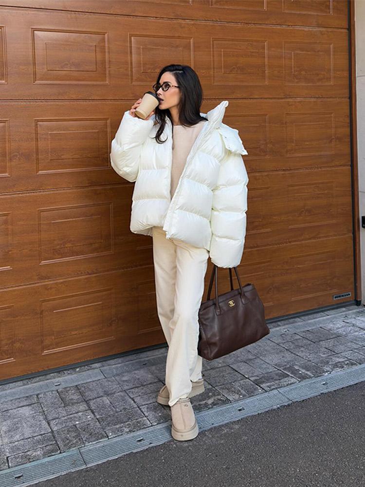 Dámská péřová bunda z lakované látky s odnímatelnou kapucí Dámská hřejivá, jednoduchá a módní zimní bunda 2025