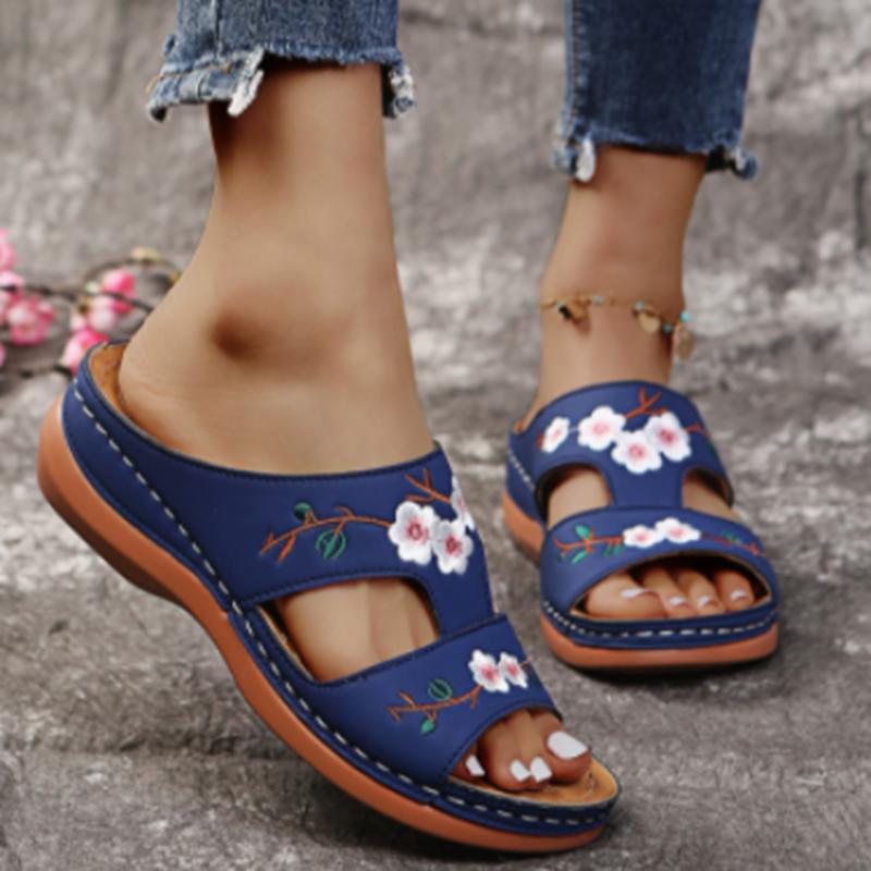 New Summer Women Embroidery Slide Sandals Vintage Embroidery Design PU Leather Slipper Gift Casual Wedges Slippers
