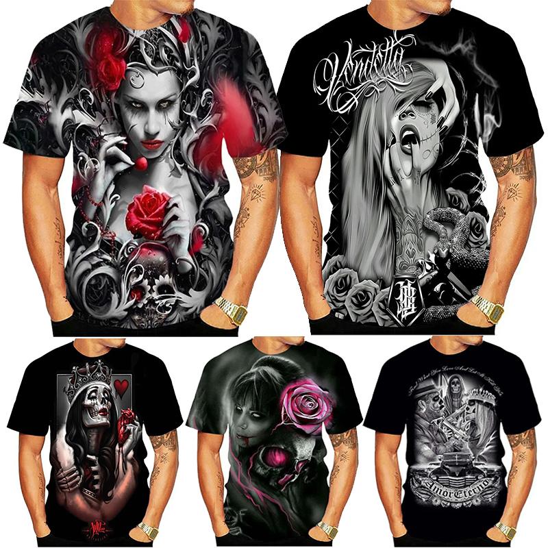 Summer Round Neck 3D Skull Beauty Pattern Print Top Fashionable Casual Short Sleeved Men's T-shirts