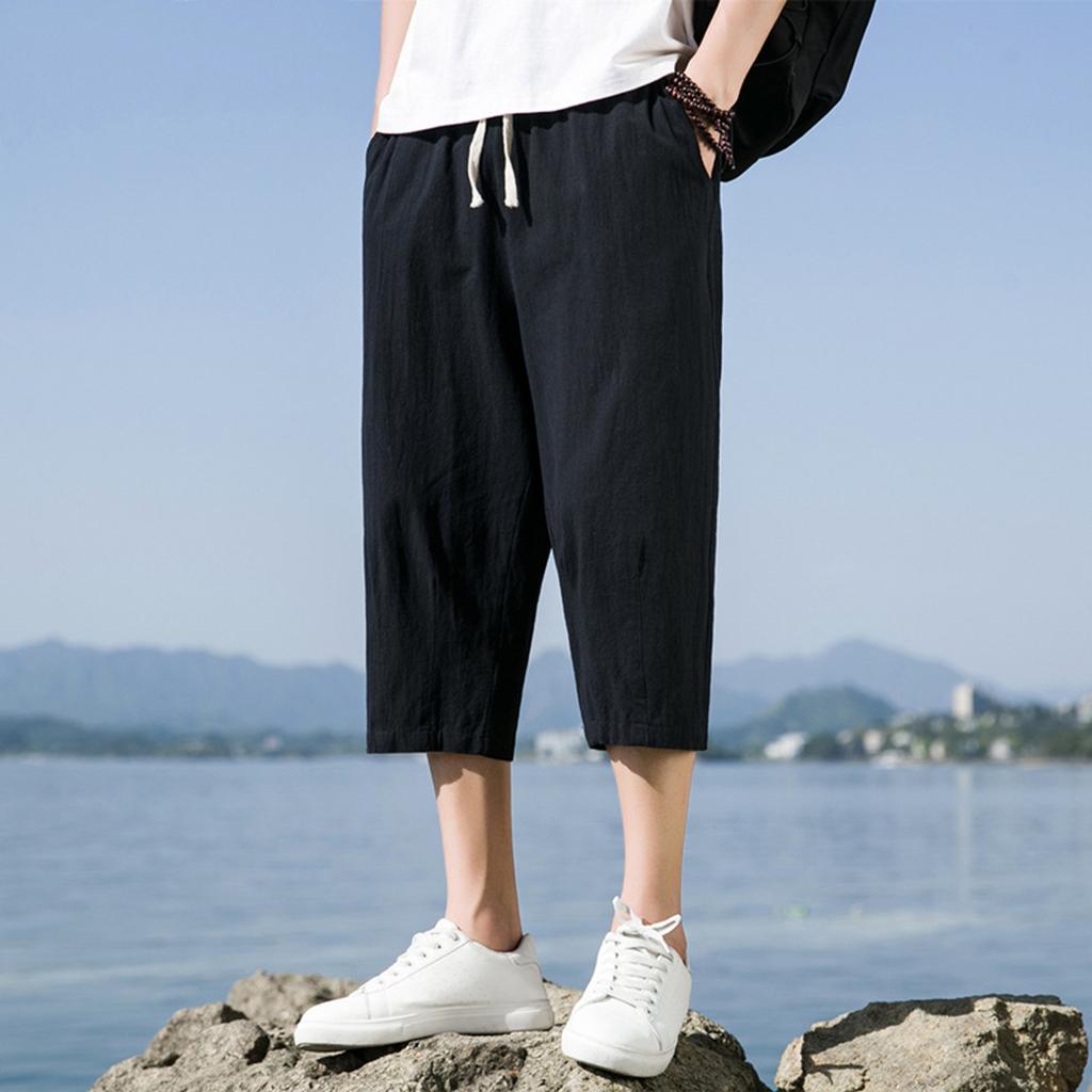 Men's Casual Color Cotton Linen Loose Cropped Pants Straight Linen Pants