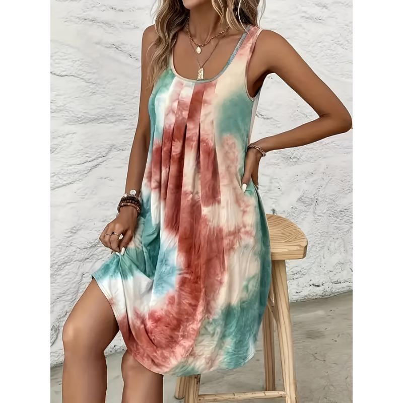 Nuovo Vestito Moda Senza Maniche Tie Dye Stampato Primavera/Estate Ampio Pieghettato Elegante A-line Corto da Festa Casual Semplice Vestito Estivo