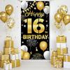Happy 16th Birthday Decorations for Boys & Girls - Fabric Black & Gold 16 Birthday Backdrop Banner, Yard Sign, Photo Booth Props - Outdoor Indoor