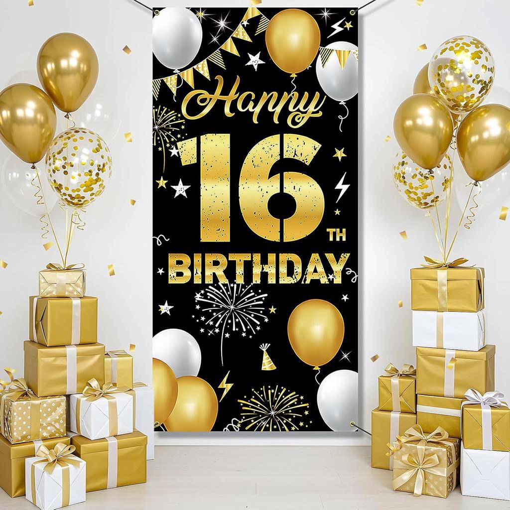 Happy 16th Birthday Decorations for Boys & Girls - Fabric Black & Gold 16 Birthday Backdrop Banner, Yard Sign, Photo Booth Props - Outdoor Indoor