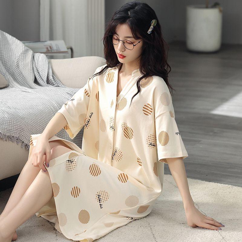 Night Dress Women's Summer Pure Cotton Nightgowns Cardigan Thin