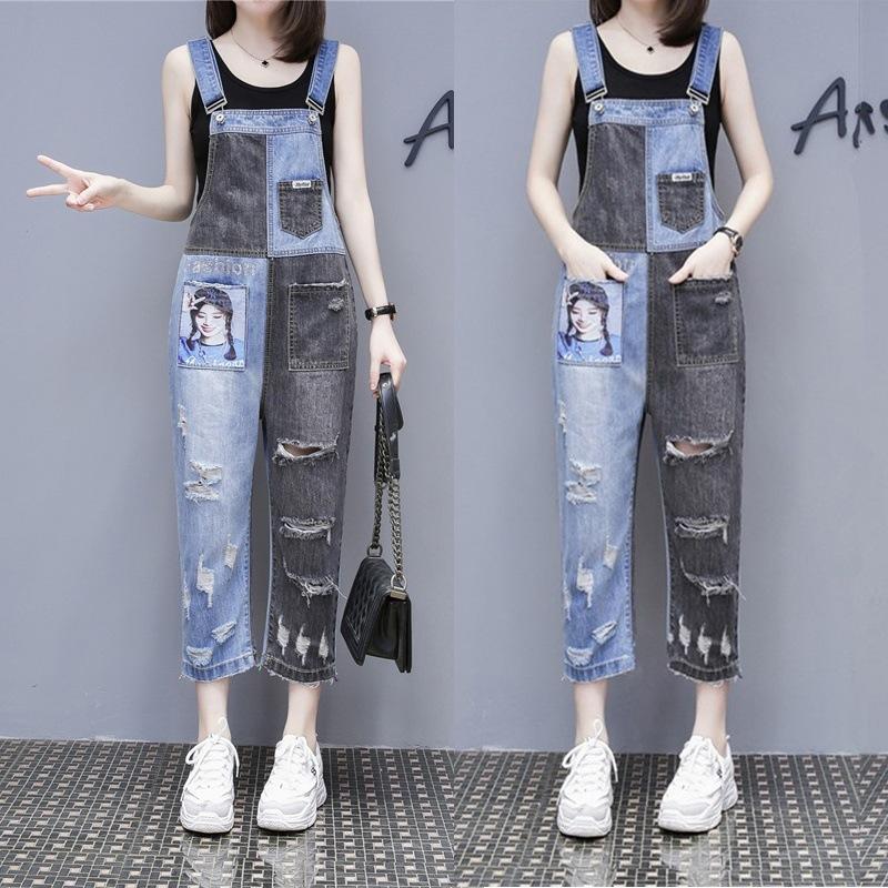 Mode Patchwork Denim Jumpsuits Kvinnlig Casual Hög Midja Hål Denimbyxor Kvinnor All Match Lös Casual Byxor