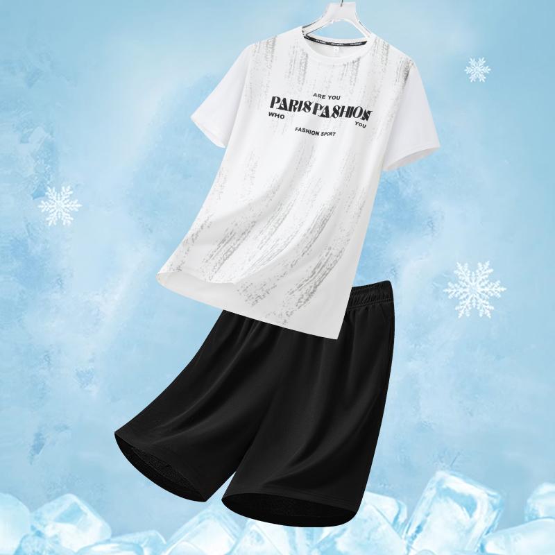 

Ice Silk Sportswear Set For Men s Summer Round Neck Quick Drying Short Sleeved Loose Two-piece Set XL білий