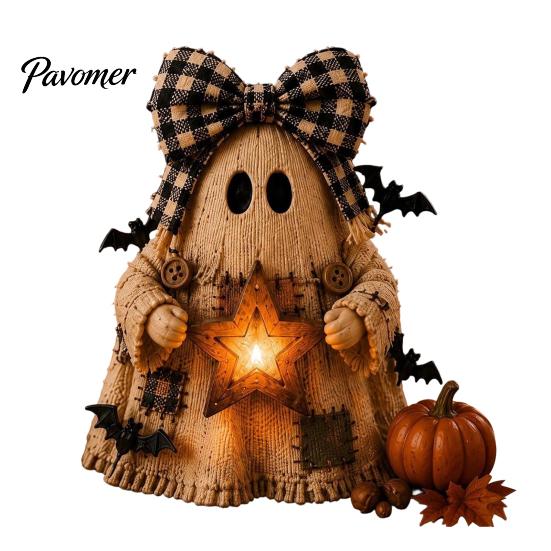 Atmospheric Window Displays Wooden Halloween Figurine with Lantern, Pumpkin Scarecrow Skeleton Mummy Ghost Witch Seasonal Tabletop Accessories Statue,