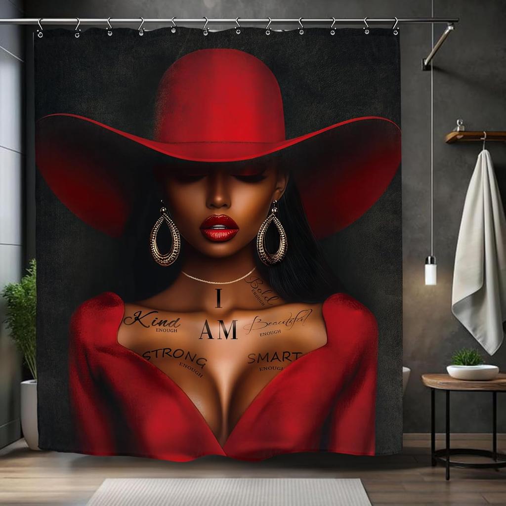 African American Olive Green Shower Curtain Black Girl Flower Oil Painting Art Bathroom Accessories Decoration with 12 Hooks