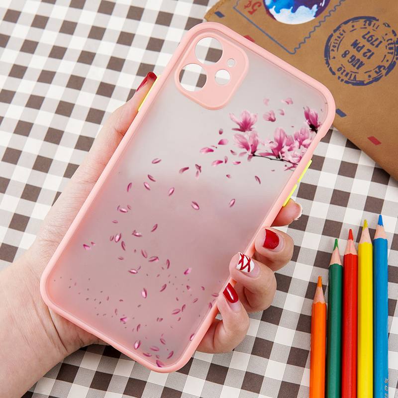 Pink Sakura Flower Cartoon Phone Case Matte Transparent  For Iphone 7 8 11 12 13 Plus Mini X Xs Xr Pro Max Cover