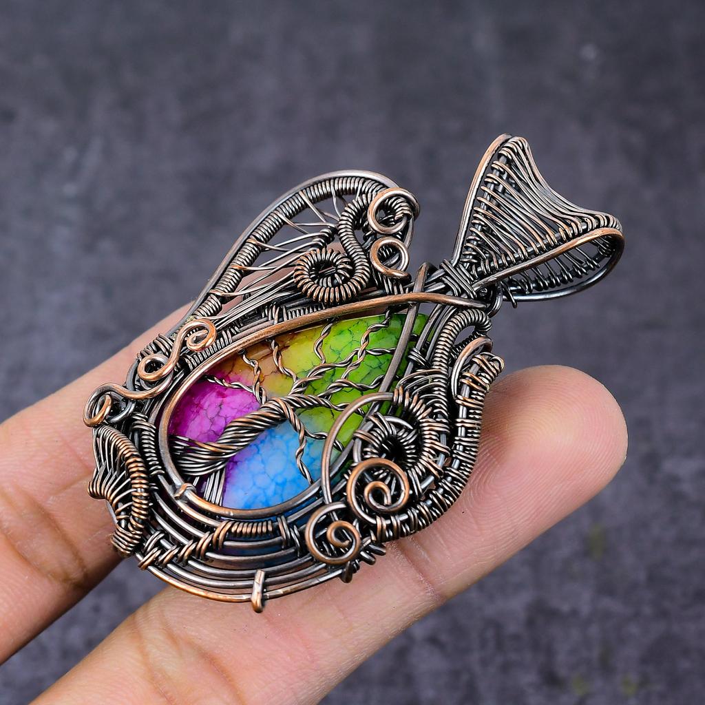 Rainbow Solar Quartz Handmade Copper Wire Wrap Tree Of Life Pendant 2.64" B5M87