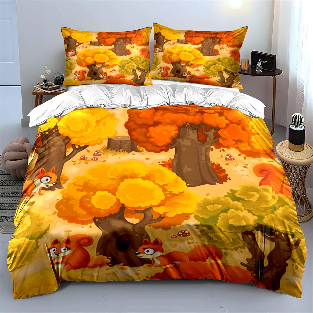 Autumn forest with squirrels. Print Bedding Set 1 Duvet Cover 2 Pillowcases for Adult and Children Luxury Gift Full Size