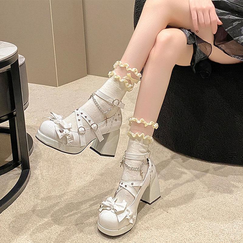 Comemore Bowknot Cute Mary Jane Shoes for Women Platform High Heeled Cross Strap Pumps Belt Buckle Lolita Shoes
