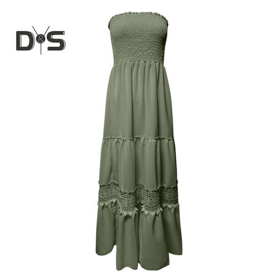 

Женское макси-платье с открытыми плечами, летнее платье-трапеция с кружевной отделкой, бохо, без бретелек, струящийся пляжный сарафан S армия зеленый