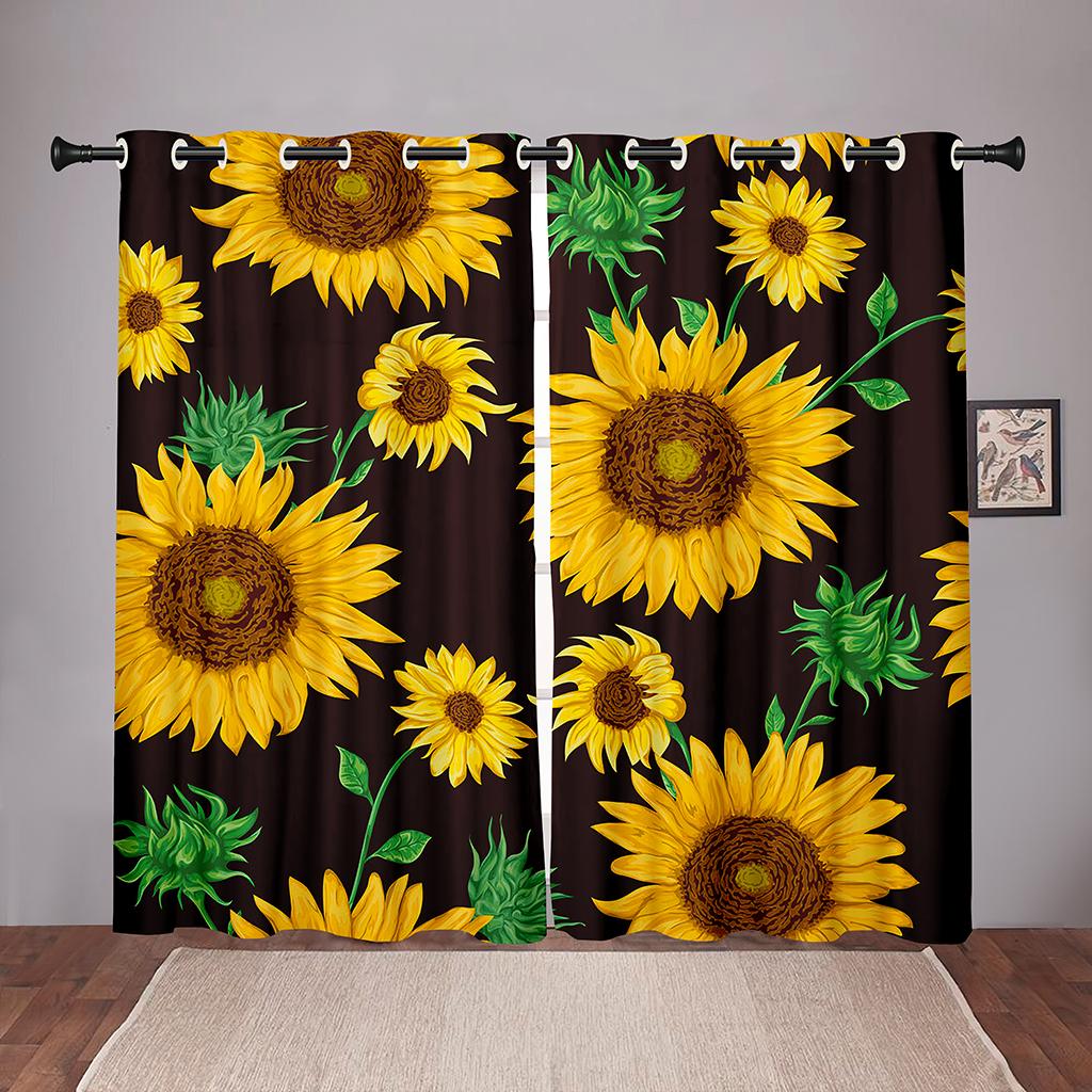 Sunflowers Plant Colorful Blackout Window Curtains for Kids Childrens' Living Room Bedroom Bathroom Kicthen Door 2Pieces Hooks
