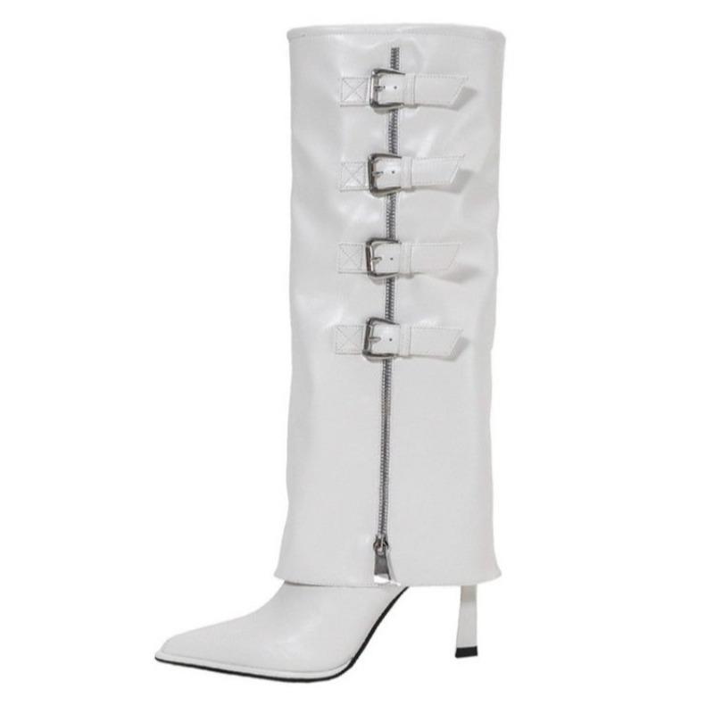 Fashion 2025 New Metal Belt Buckle Thin Heel Single Boots Women's Fashion Pointed Toe Side Zipper Anti-Slip Wear Resistant Tall Boots