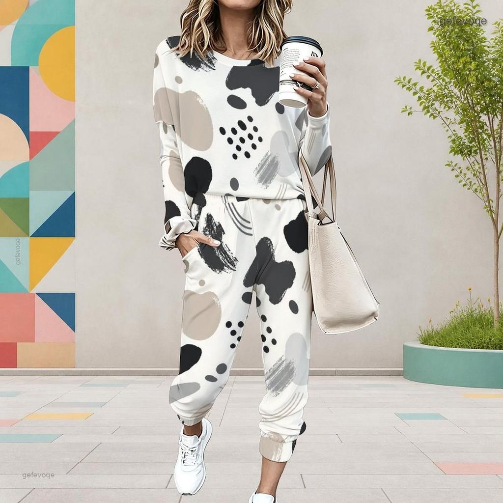 Women Plus Size Printed Round Neck Long Sleeve Cuffed Top And Cuffed Pants Two Piece Set With Pockets